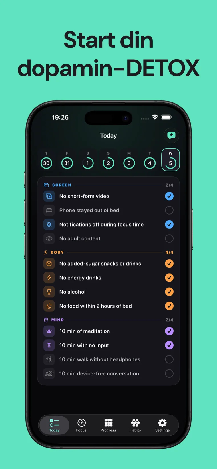 Start din dopamin-DETOX — Dopamin Detox på iPhone viser den daglige vane-checkliste grupperet i Skærm, Krop og Sind
