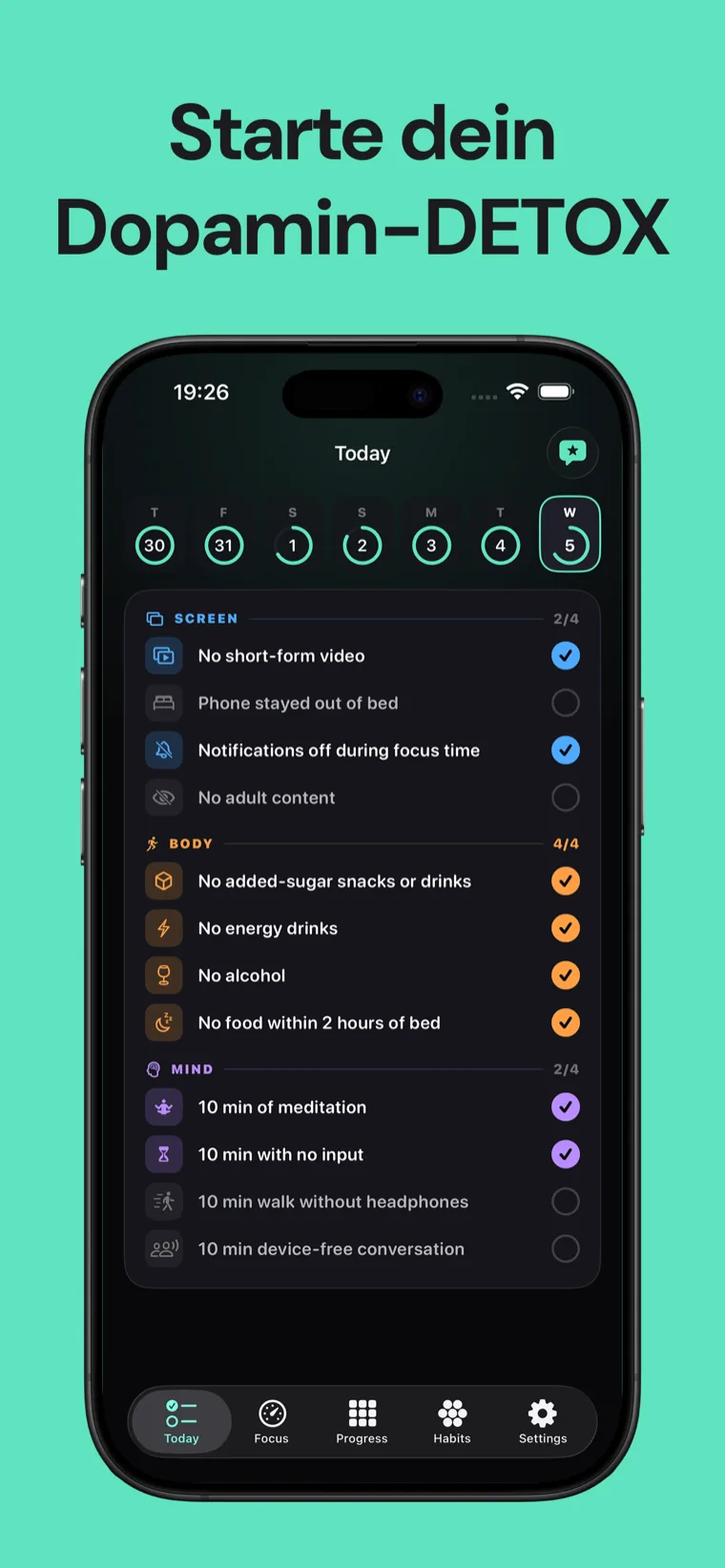 Starte dein Dopamin-DETOX — Dopamin-Detox auf dem iPhone mit der täglichen Gewohnheiten-Checkliste, gruppiert nach Bildschirm, Körper und Geist