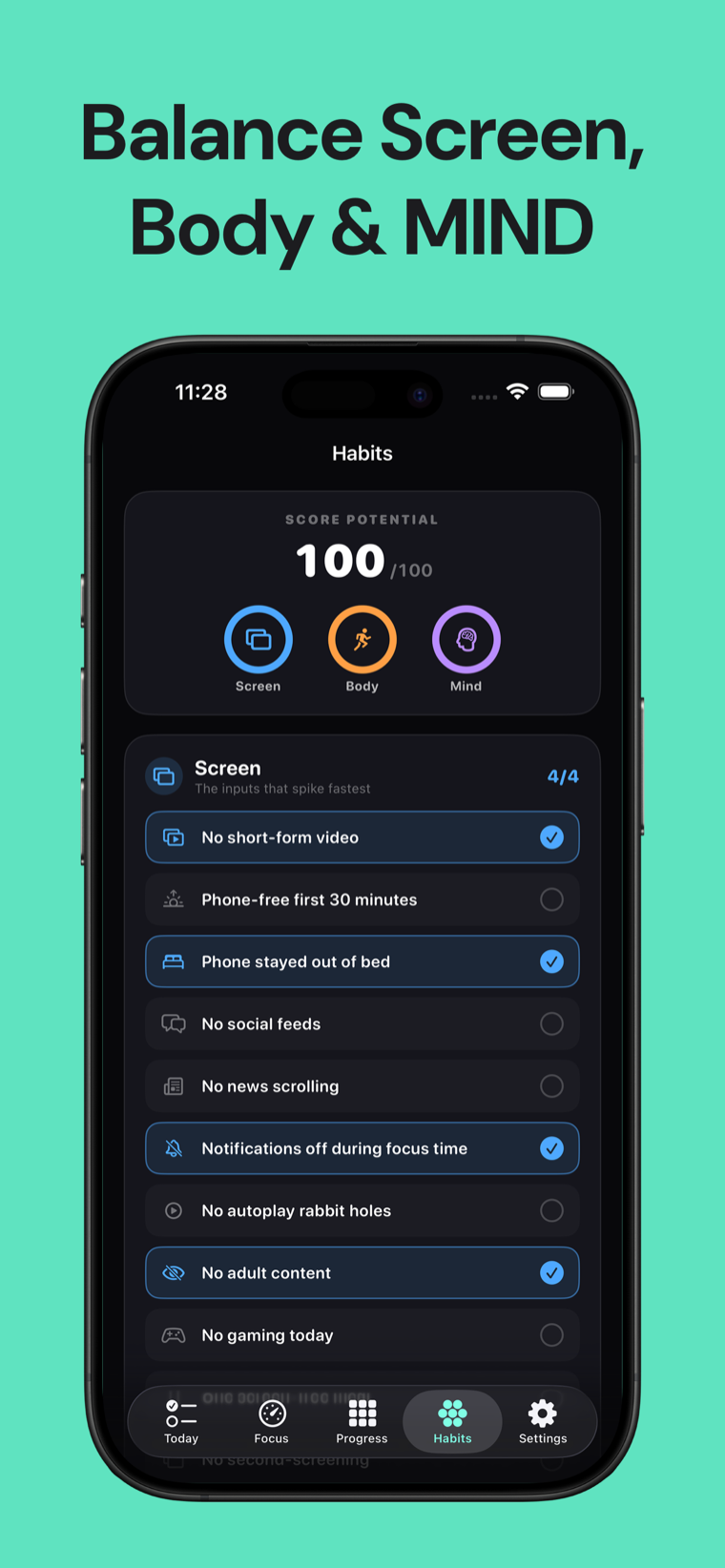 Balance Screen, Body & MIND — Dopamine Detox habit picker showing the three area rings and the Screen habit list